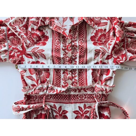 FARM Rio Pineapple Garden Floral-Print Linen-Blend Jumpsuit in Red & White Sz M - Picture 13 of 16